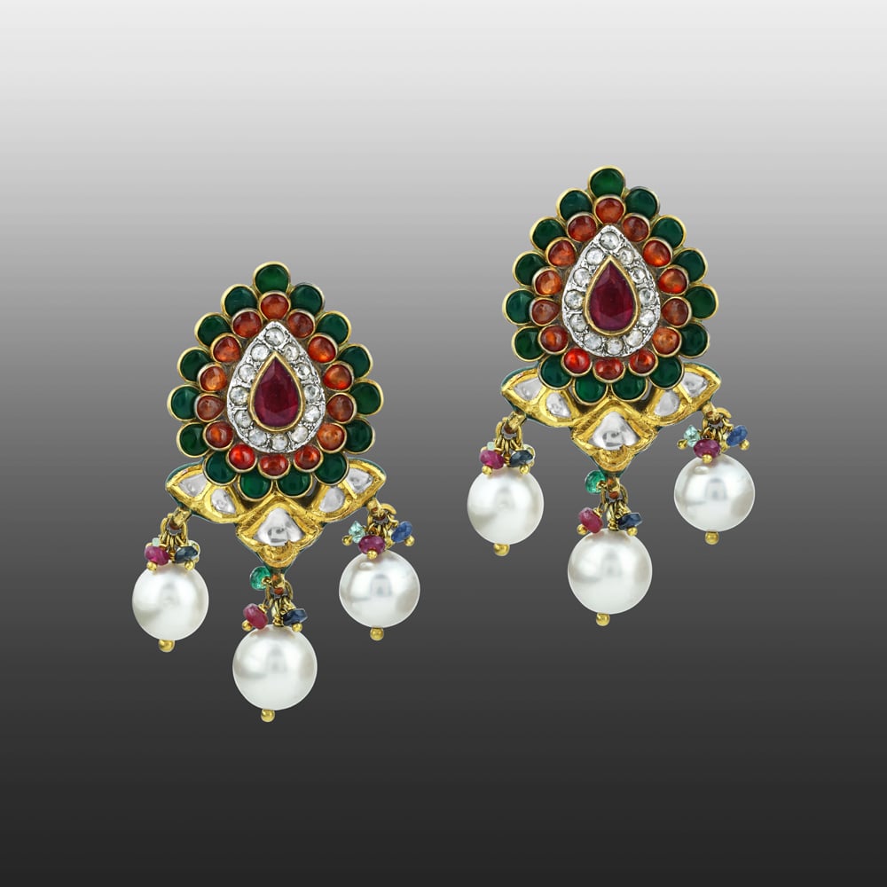 Teardrop Earrings with Polki, Gemstone Talaf, and Pearl Drops